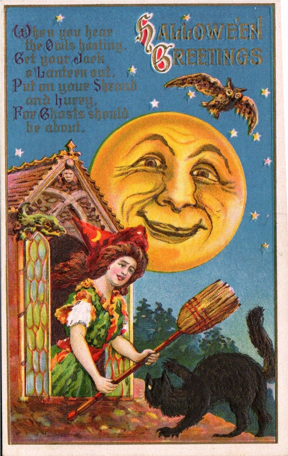 Postcard Halloween Cute Witch Broom Black Cat Smiling Moon Antique Lion Head 116