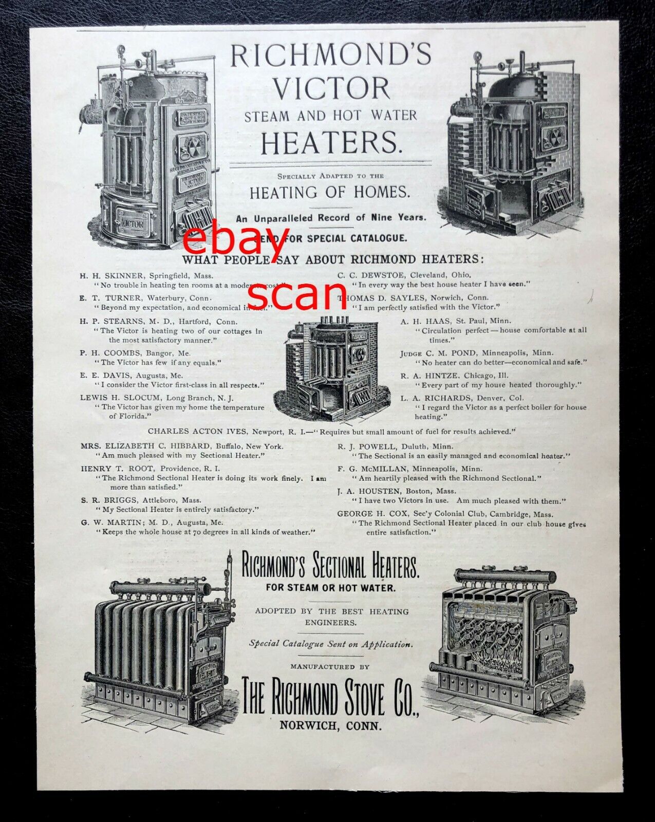 1892 Antique LARGE Full-Page Print Ad ~ RICHMOND STOVE CO ~ NORWICH, CT