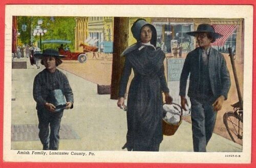 Vintage Amish Family Lancaster County Pa Pennsylvania Ct American Art Postcard
