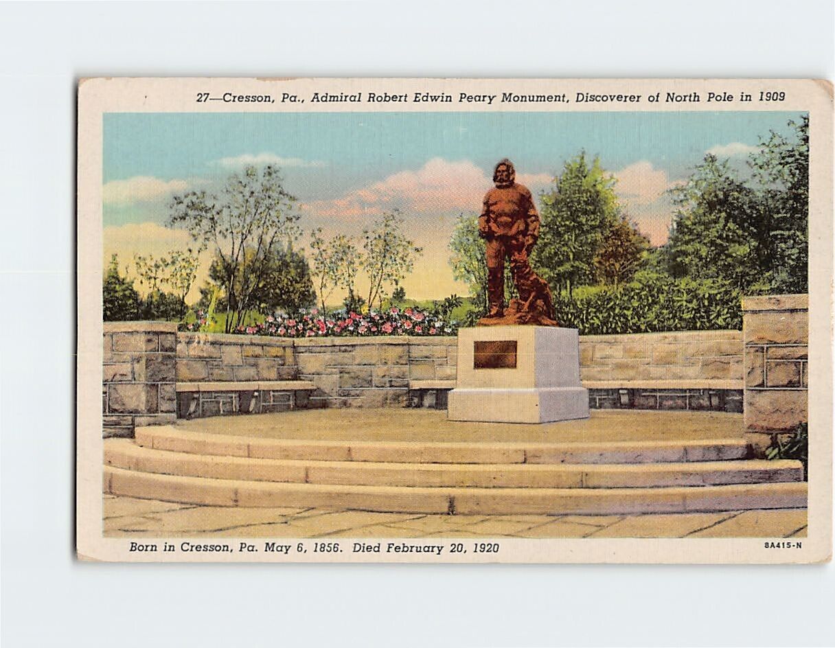 Postcard Admiral Robert Edwin Peary Monument Cresson Pennsylvania USA