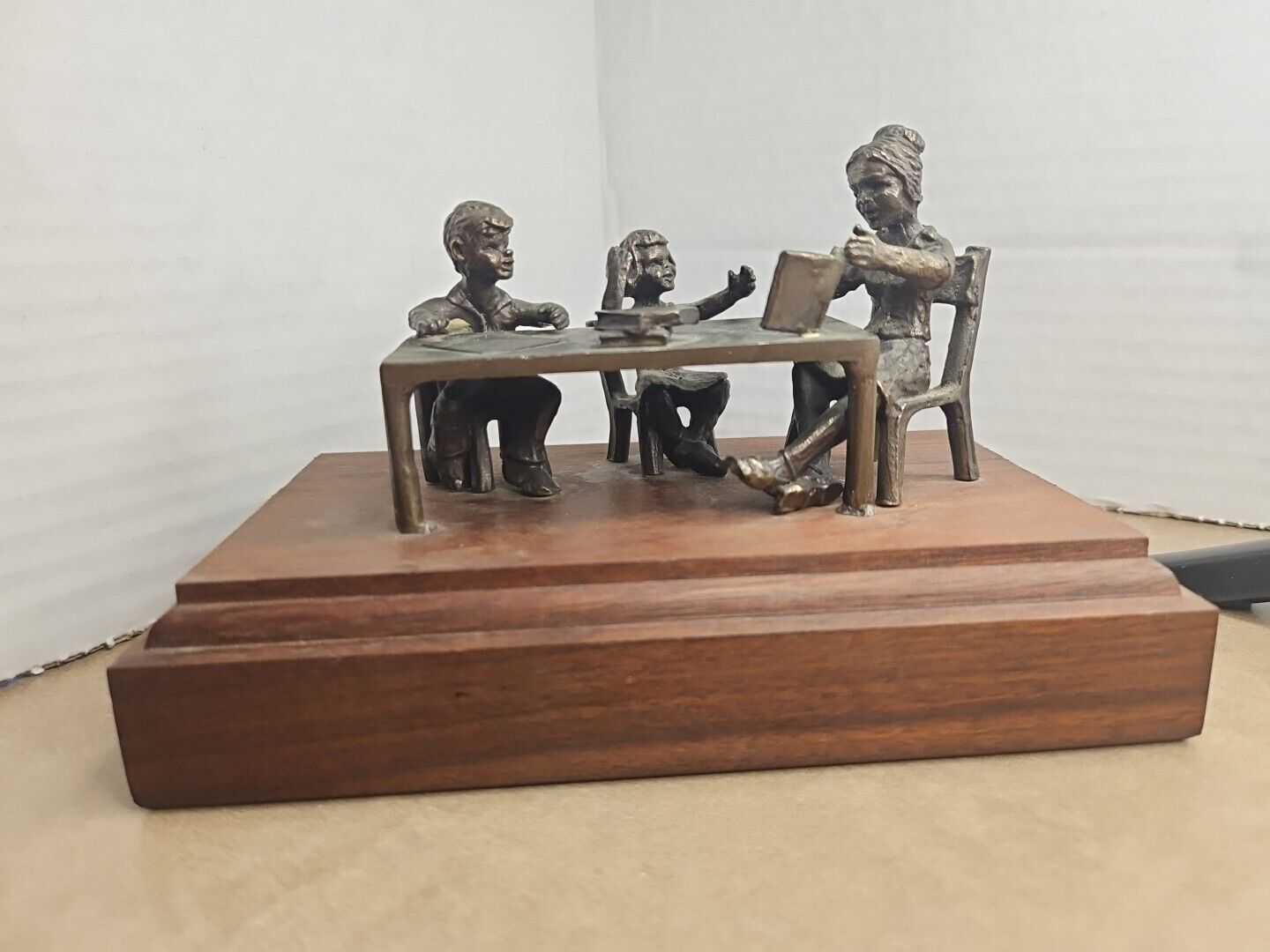 Small Vintage Bronze Sculpture , Teacher At Table With Children , Monted ON Wood