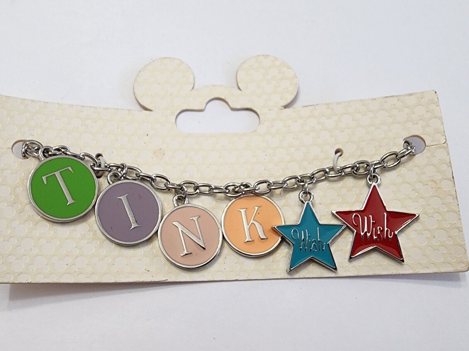 Disney Tinkerbell Tink Star Wish Enamel Charm Silver Tone Bracelet