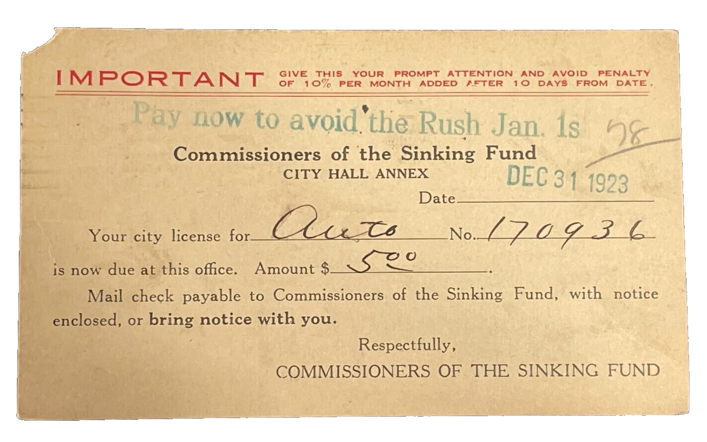 1923 Louisville Kentucky City Government KY Postcard Sinking Fun Tax Bill Notice