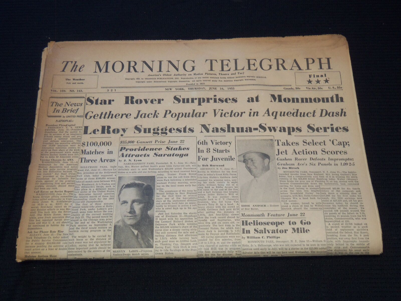 1955 JUNE 16 MORNING TELEGRAPH NEWSPAPER - NASHUA - SWAPS - NP 5816