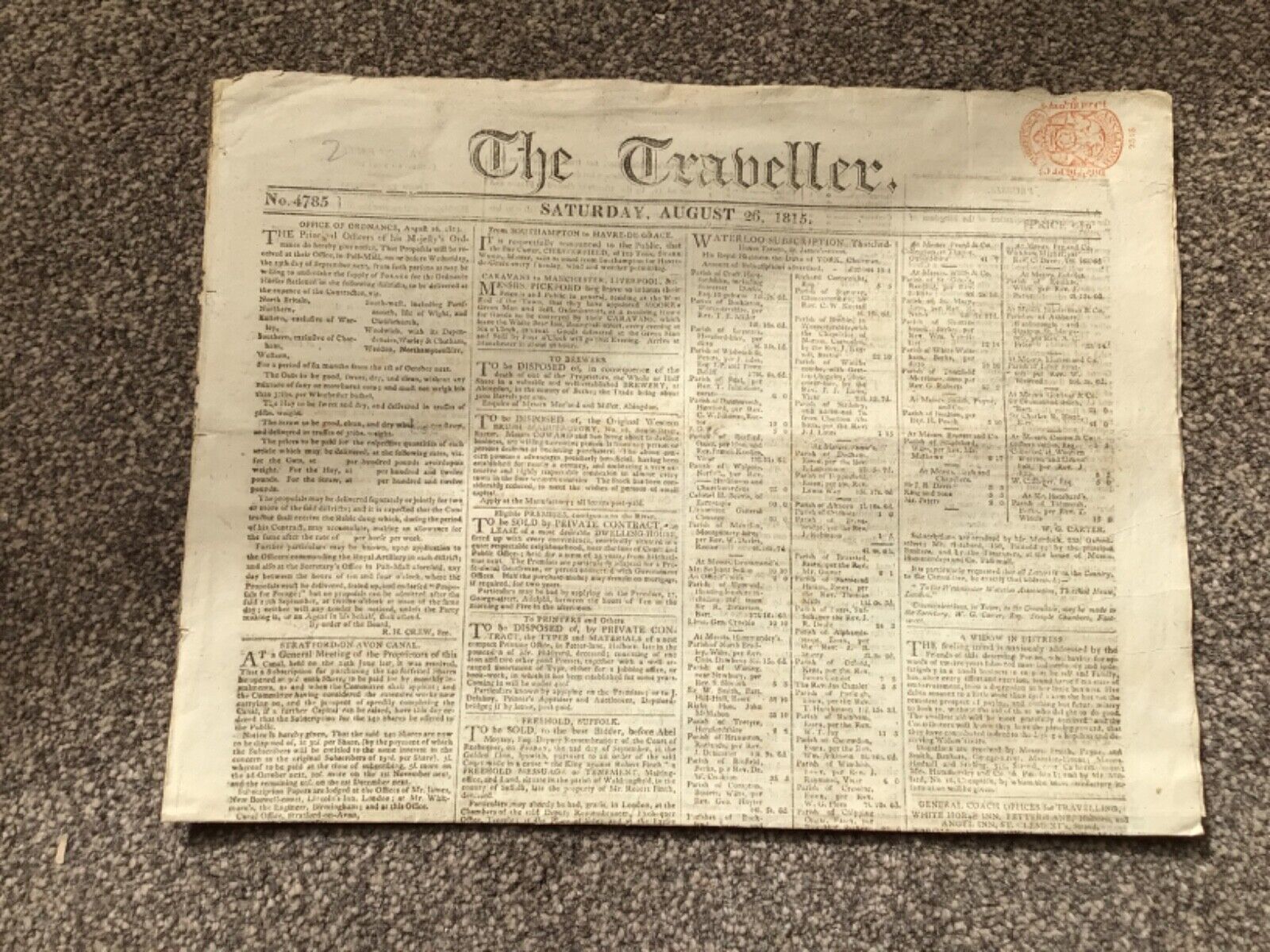 The Traveller 1815 Newspaper intact & Readable  A6504