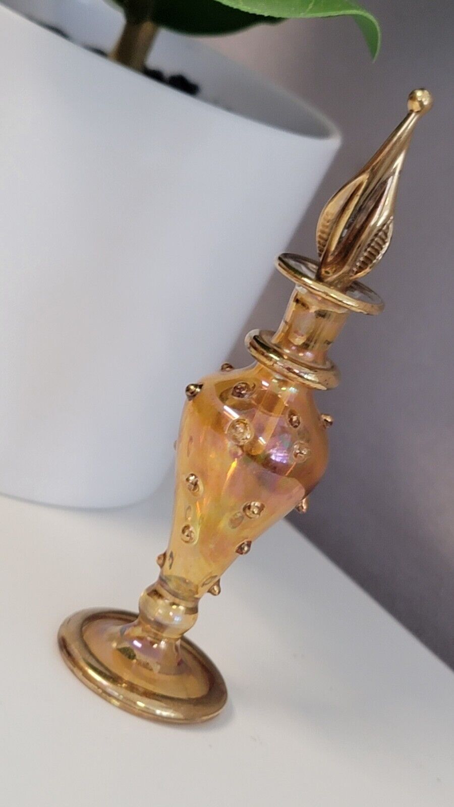 Vintage Egyptian Hand Blown Amber Etched Glass Perfume Bottle Gold Trim 6.5\