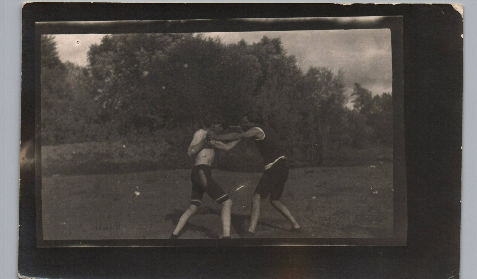 BACKYARD BOXING FIGHT c1910 real photo postcard rppc silly fun boxers antique