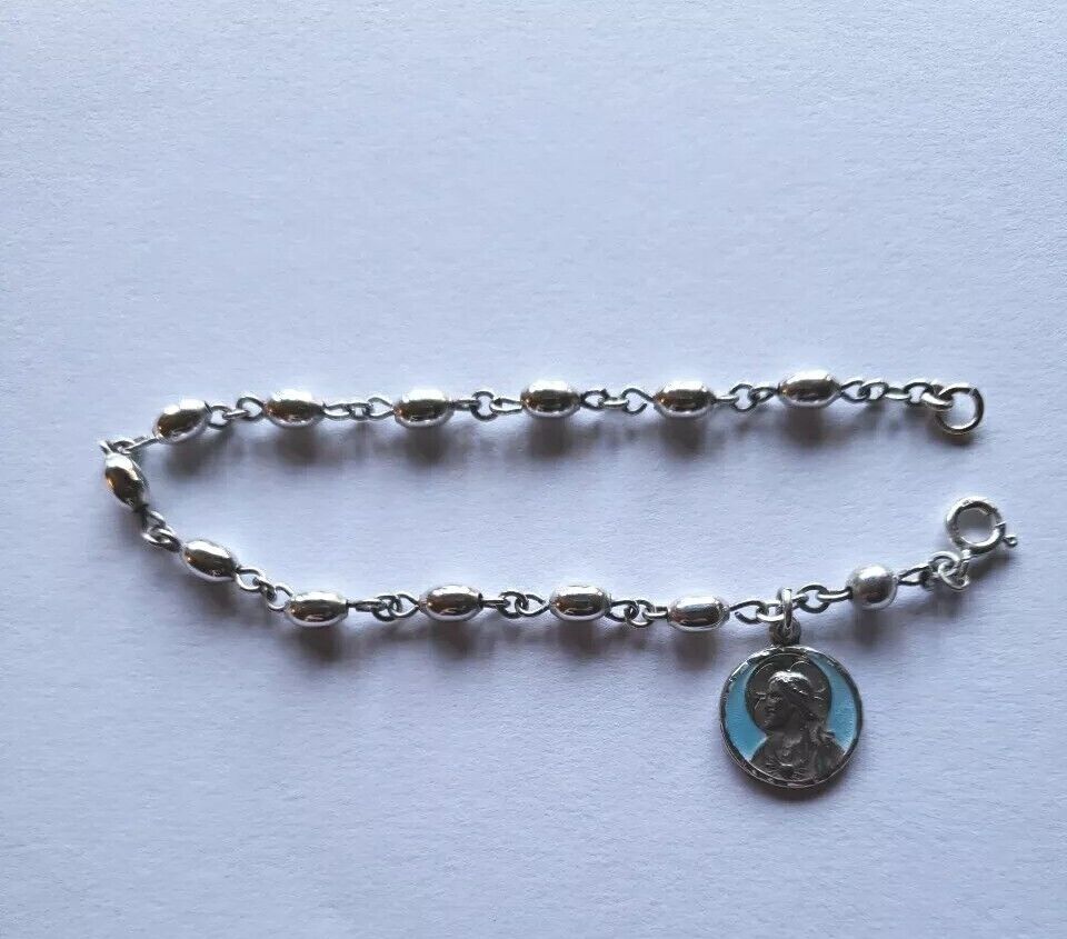Vtg Sterling Silver Rosary Beads Bracelet Blue Enamel Sacred Heart Jesus Medal 
