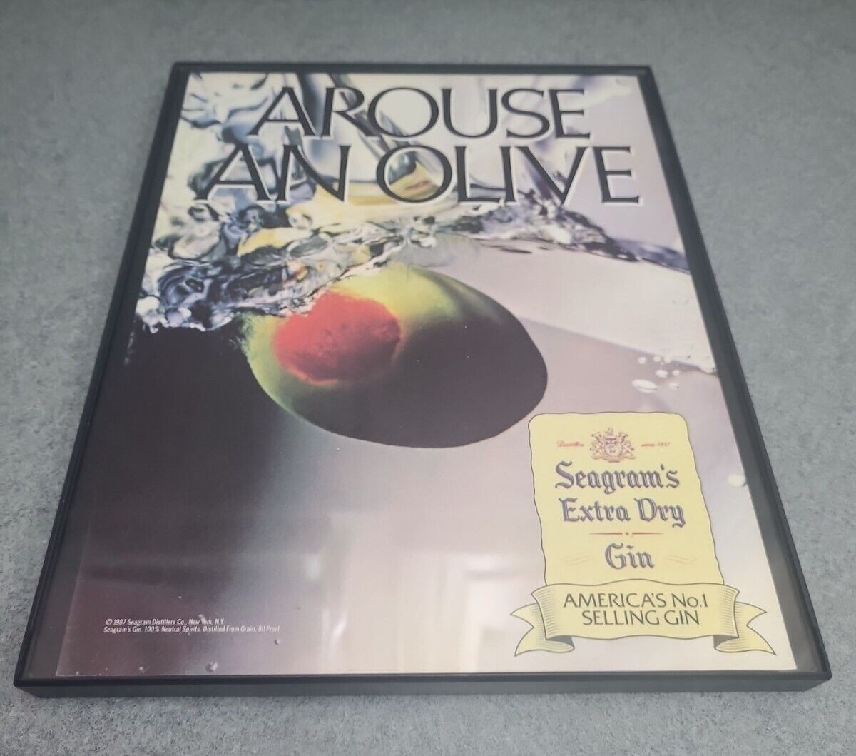 1987 Seagram\'s Extra Dry Gin Arouse An Olive Print Ad Man Cave Framed 8.5x11 