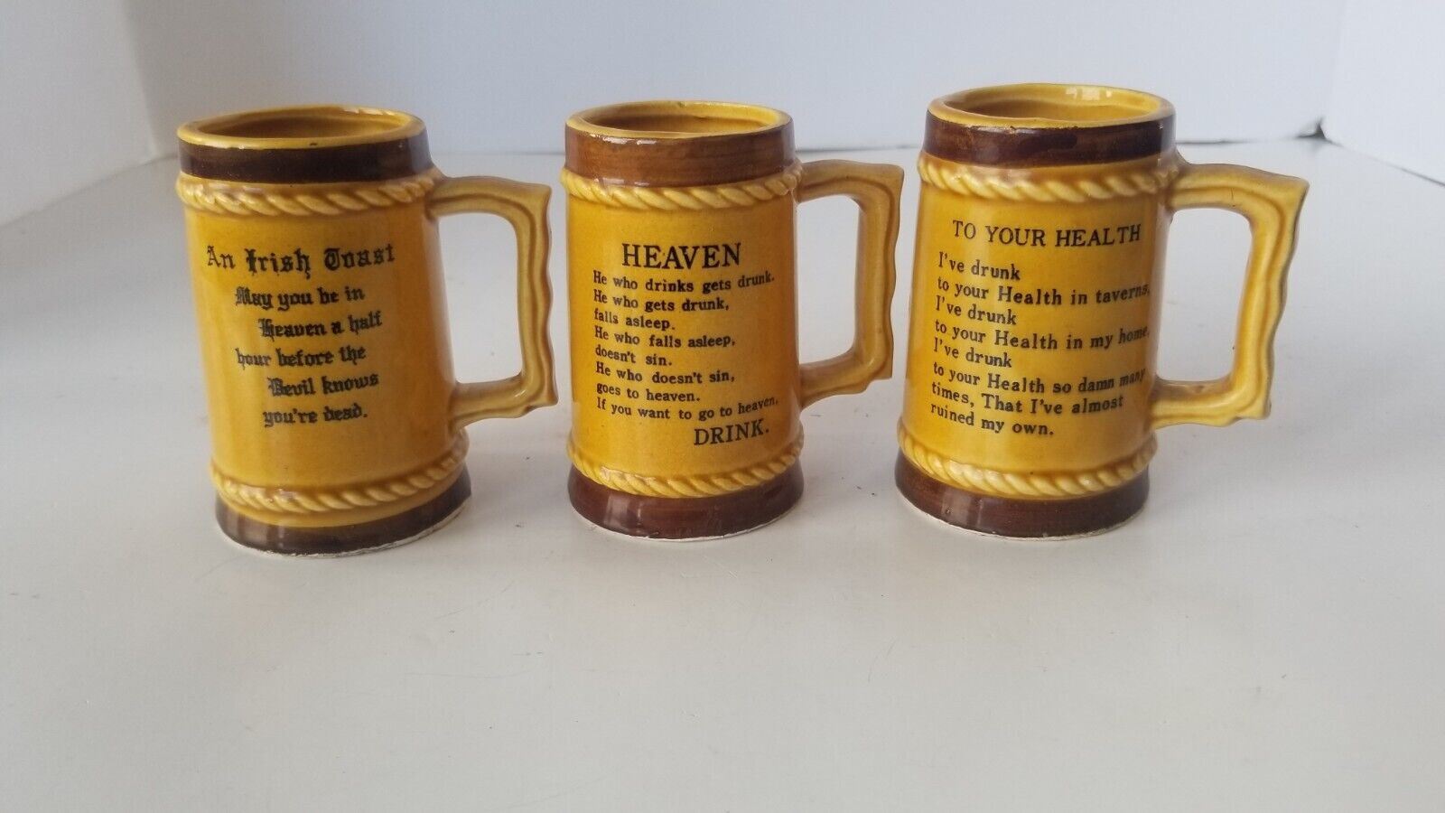 Vintage Mini Beer Steins Gold - Heaven, An Irish Prayer, To Your Health Lot of 3
