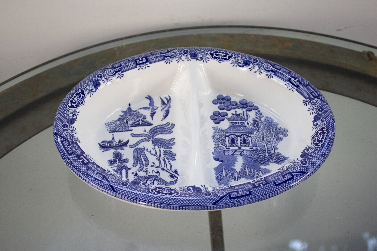 Churchill Blue Willow Oval Divided Serving Dish Staffordshire  England 10”