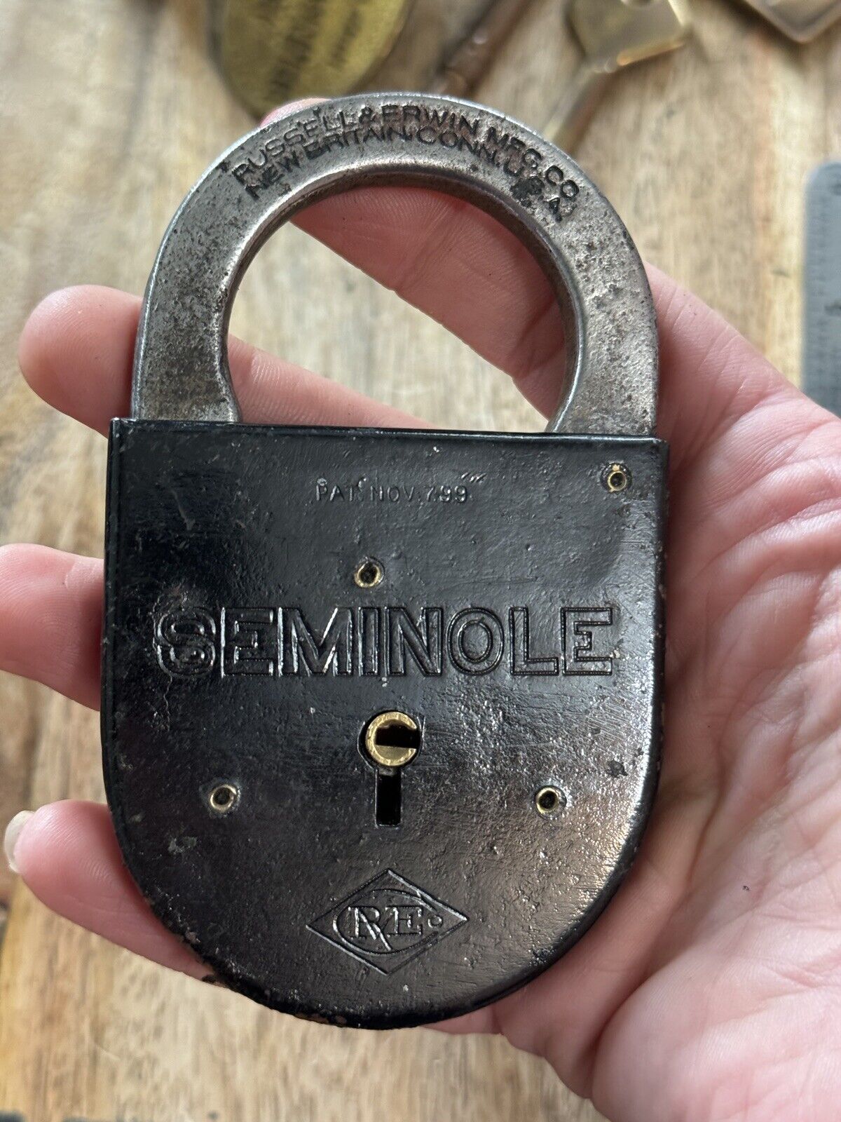 Vintage Antique Old Russell & Erwin Seminole Padlock Lock No Key