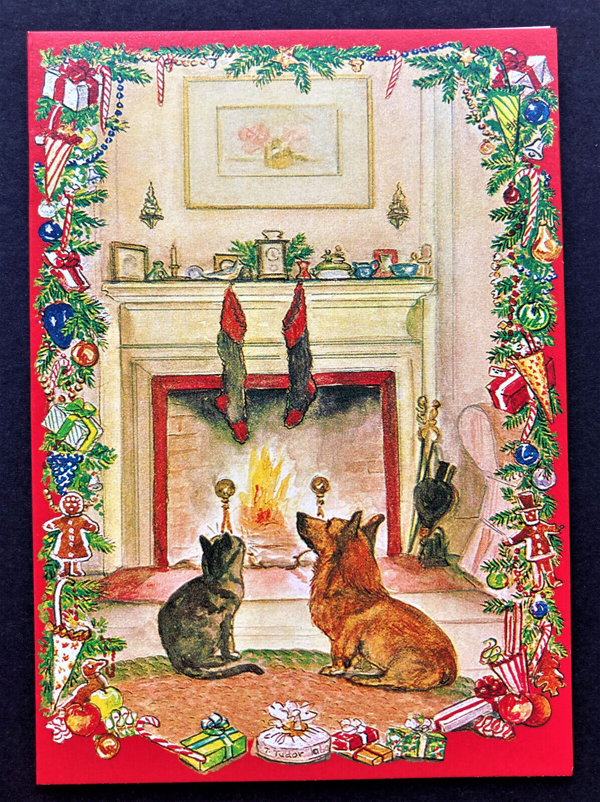 *ONE* NEW Tasha Tudor Caspari Christmas Card Tabby Cat Corgi Dog Fireplace 1
