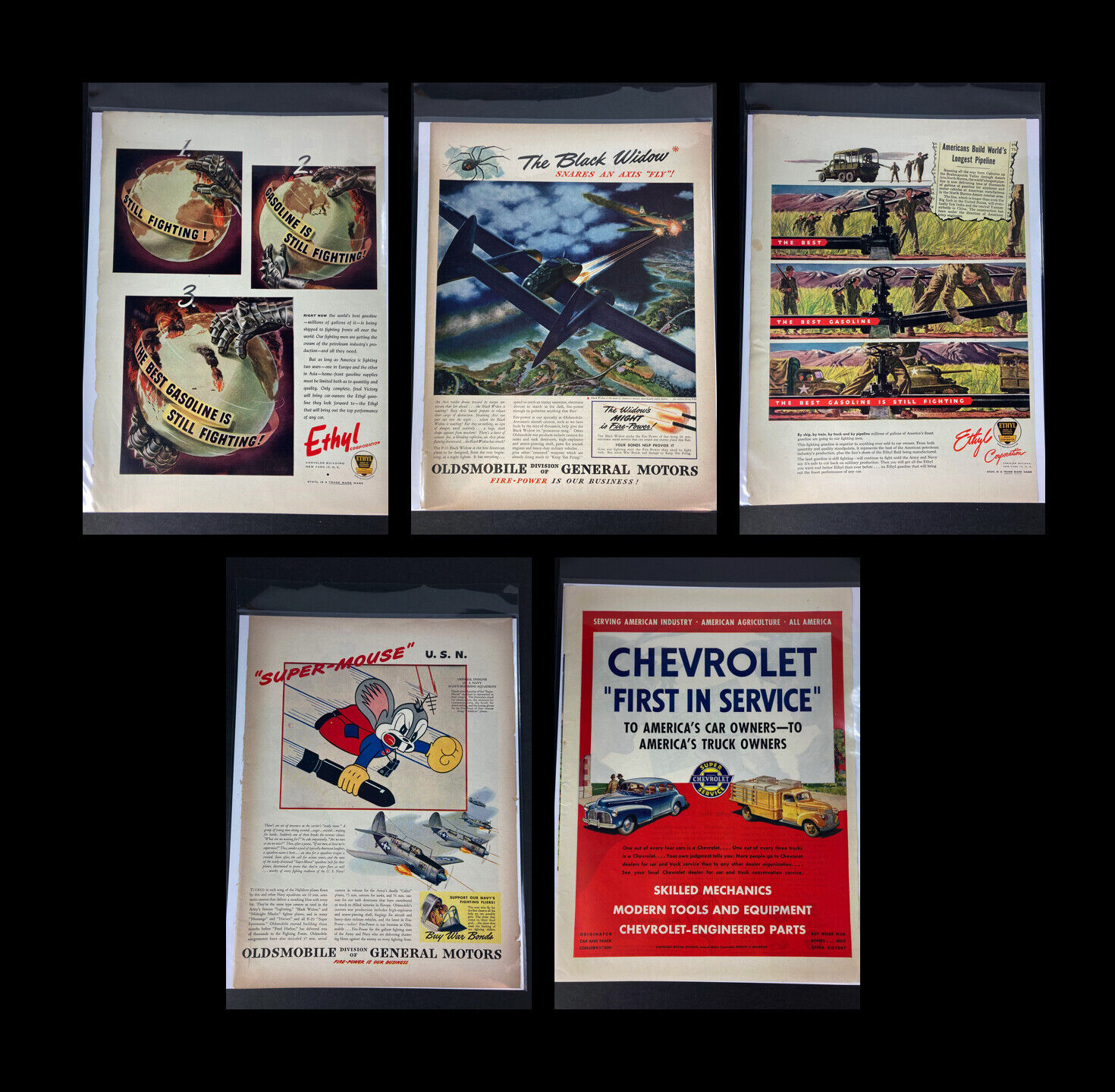 Lot of 5 Vintage Automobilia Life Magazine Ads, War Ethyl GM Chevrolet 1944-45