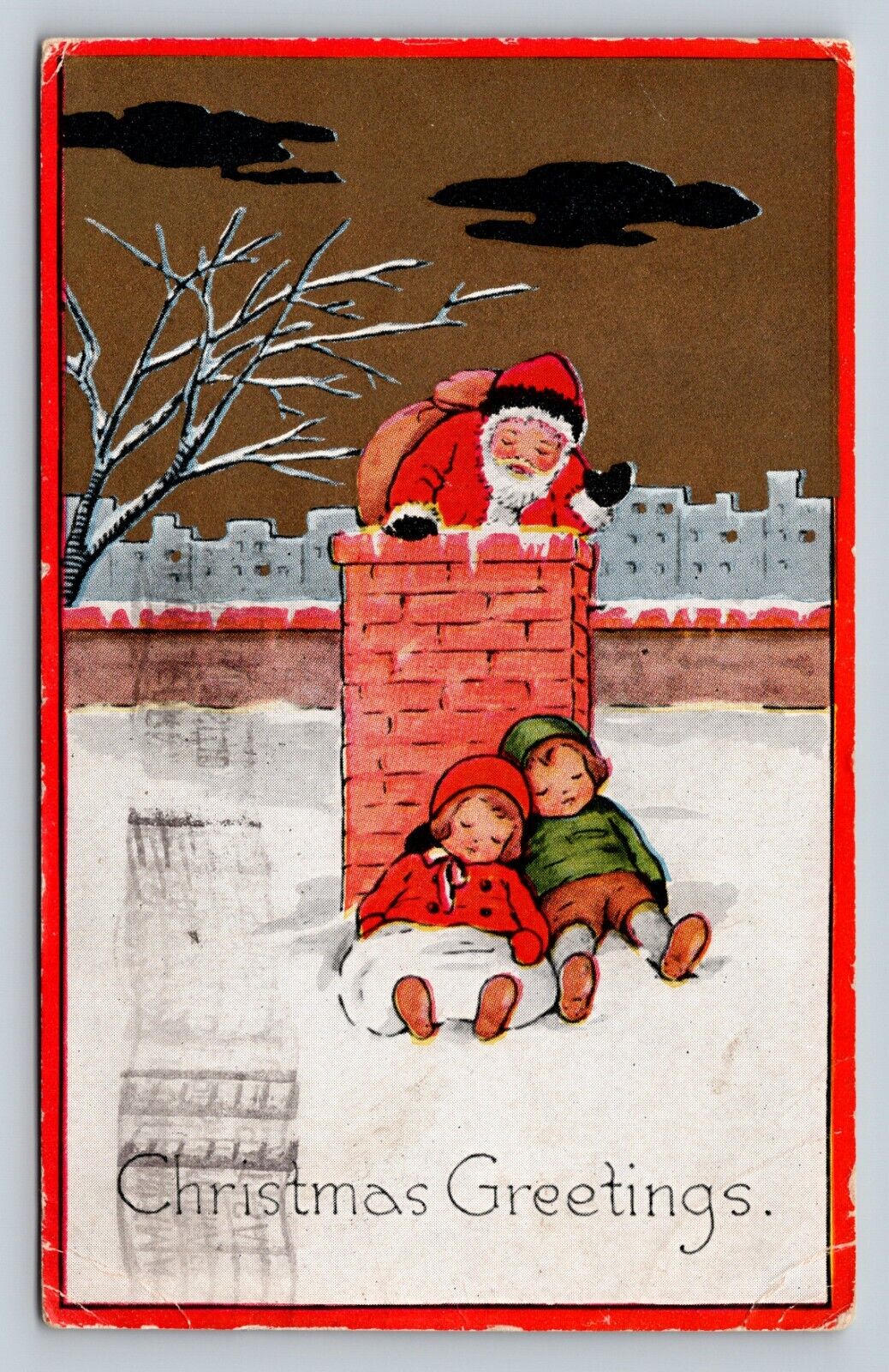 c1916 Santa Goes Down Chimney Kids Sleep Merry Christmas ANTIQUE Postcard