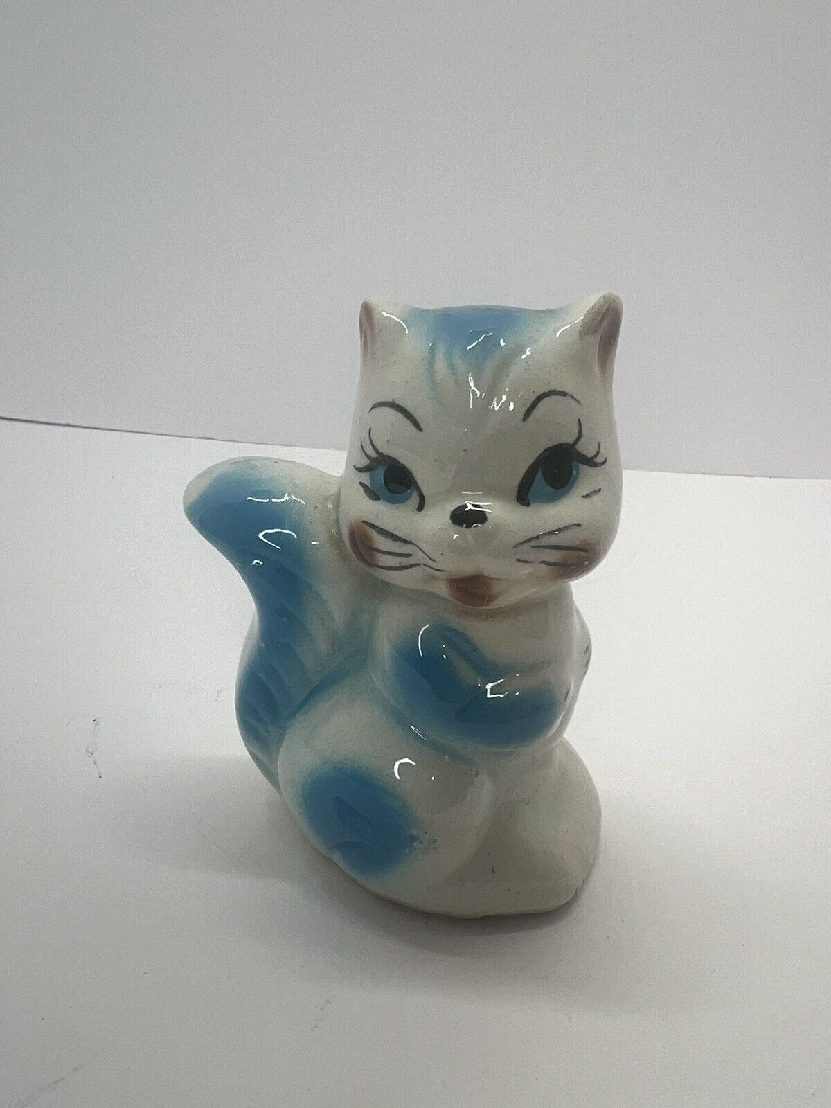 Vintage Cat Figure Blue And White Blue Eyes Hand Painted Retro Ceramic Japan