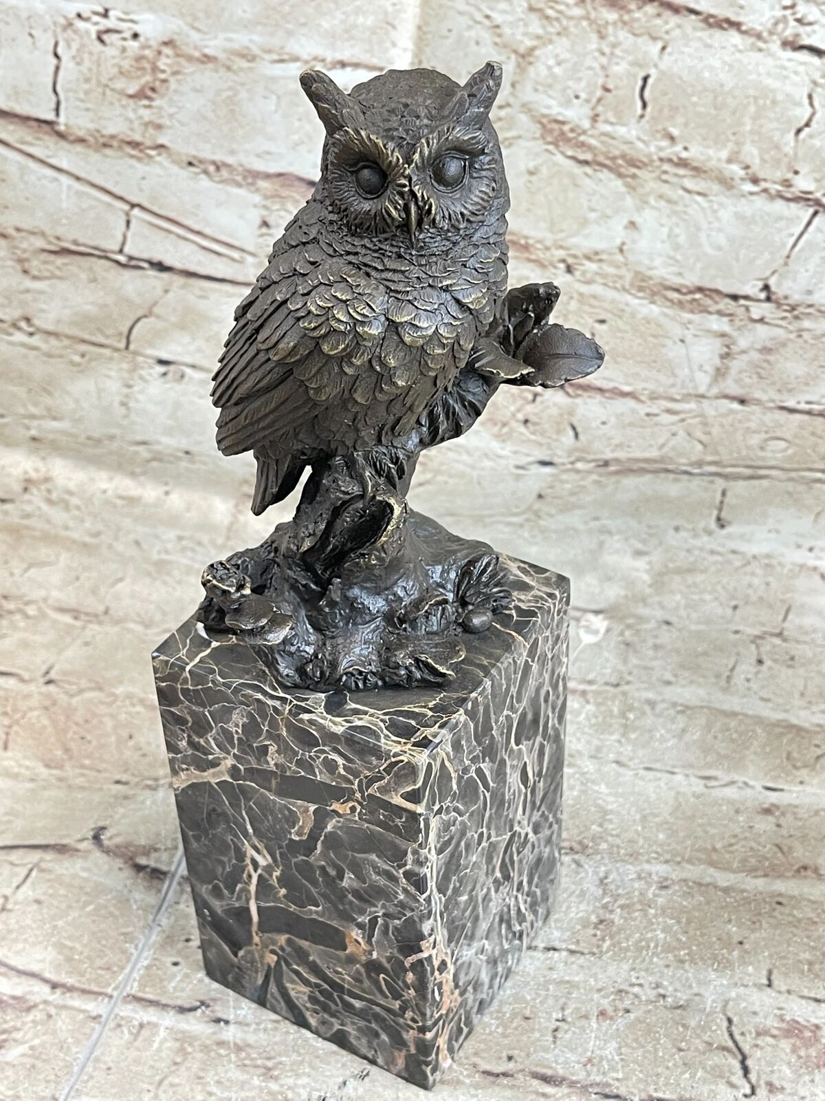 Hot Cast Bronze Metal Owl Bird Statue Sculpture Figure on Marble Base Signed Art