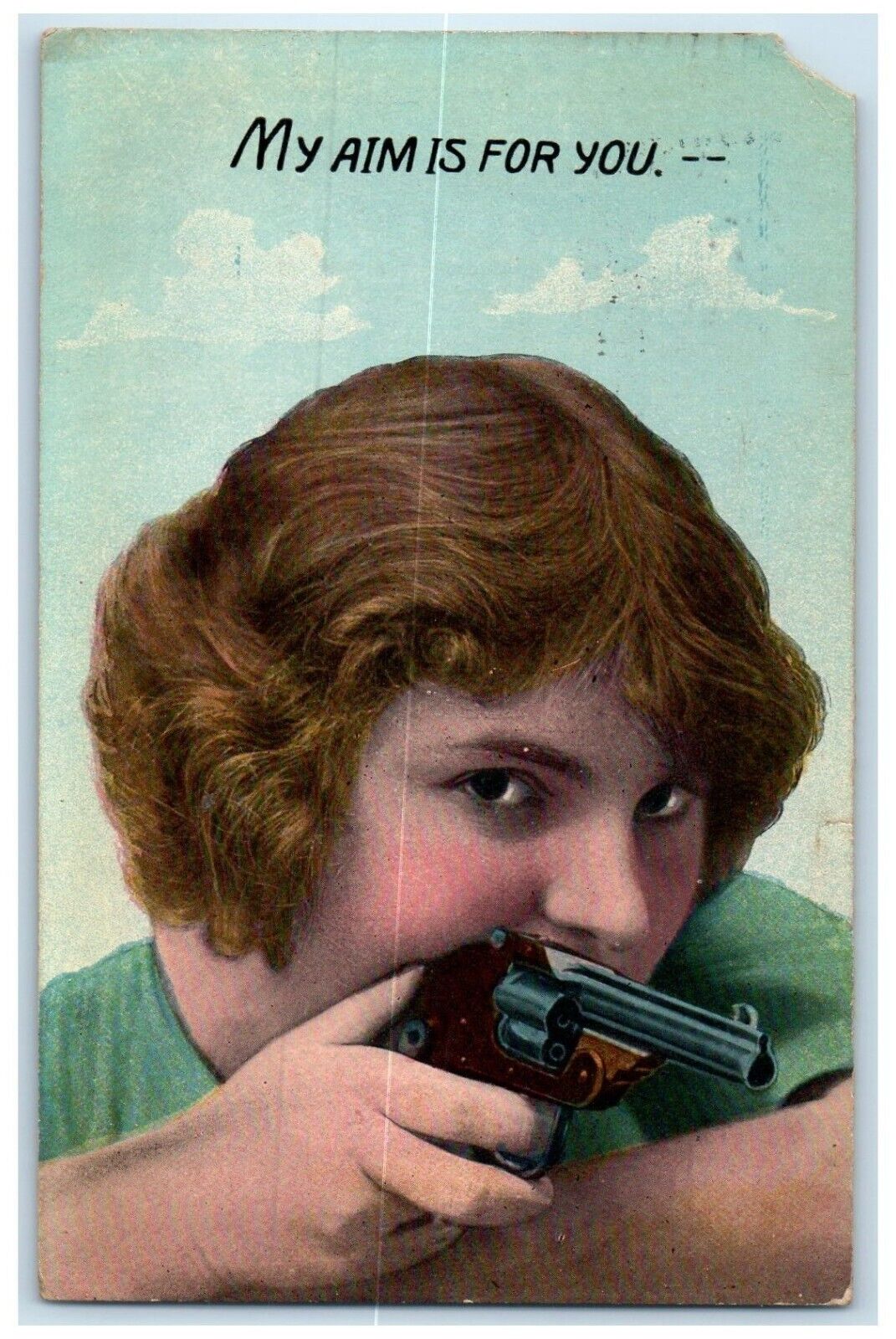 1912 Pretty Woman Holding Gun My Aim Is For You Embossed Brooklyn NY Postcard