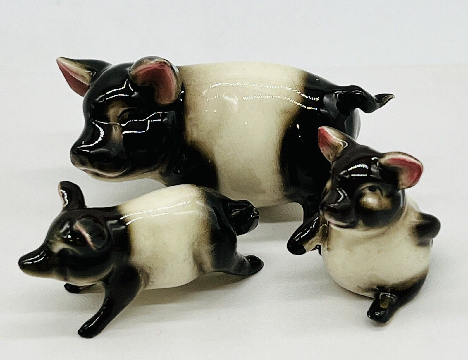 Vintage Bone China Pig Black White Family Figurine Miniatures Japan Lot of 3