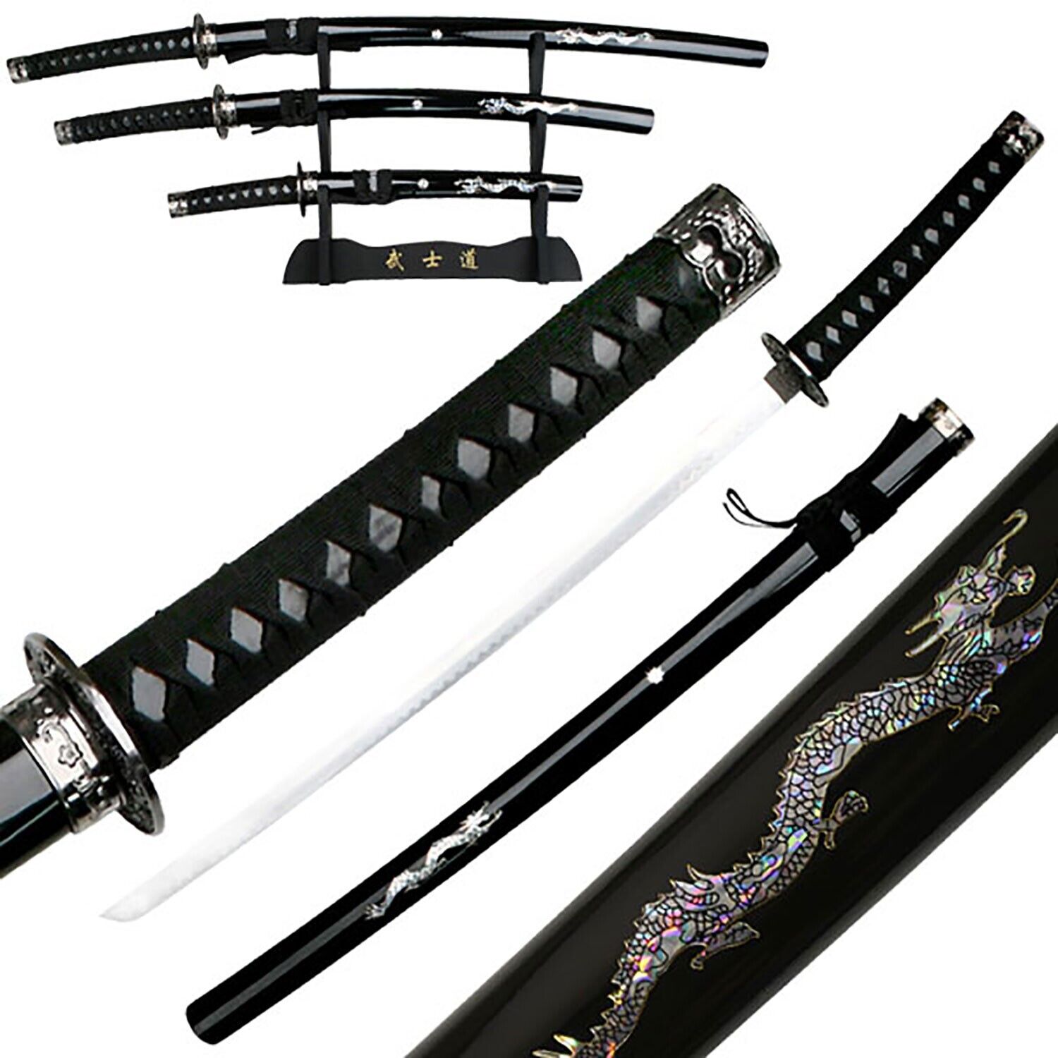 SET OF 3 SAMURAI SWORDS WITH STAND IN BLACK SCABBARD  JS-697