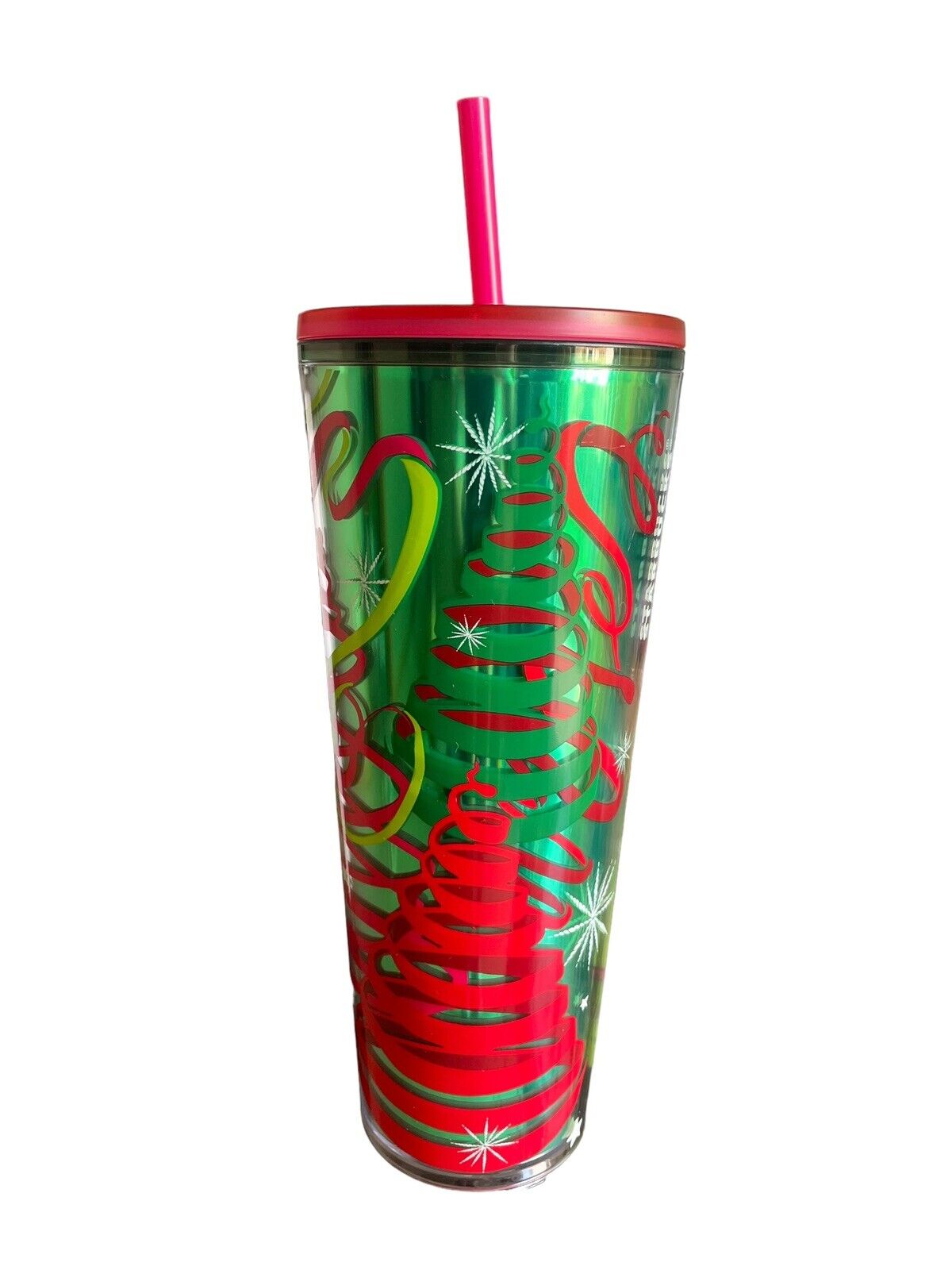 Starbucks New Authentic Holiday Ribbon Tree Print Tumbler Pink Straw 24 Fl. Oz.