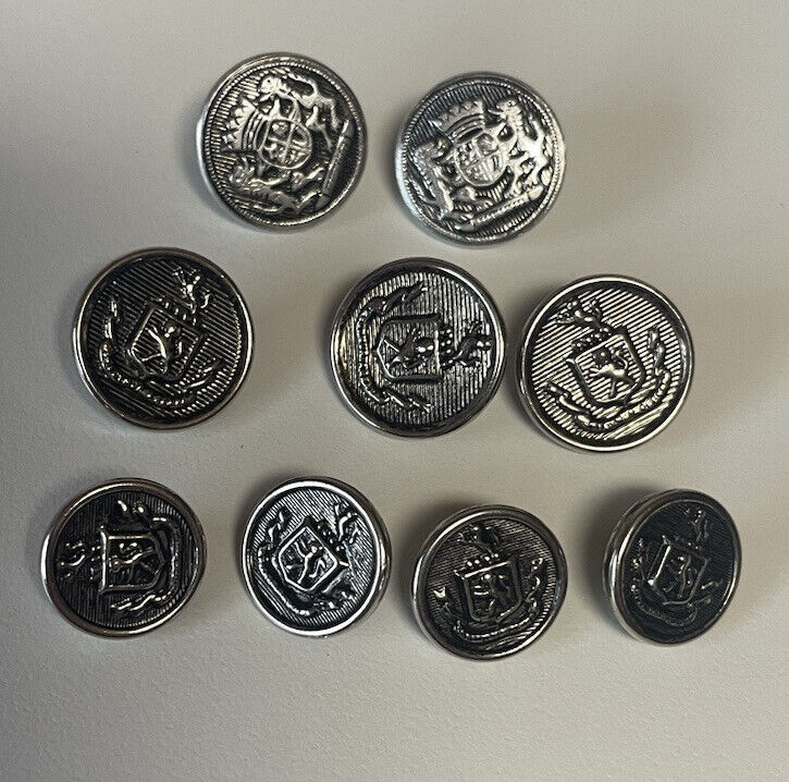 Vintage 1970’s Metal Buttons Silver Color Crowns Crests Two Sizes Lot of 9
