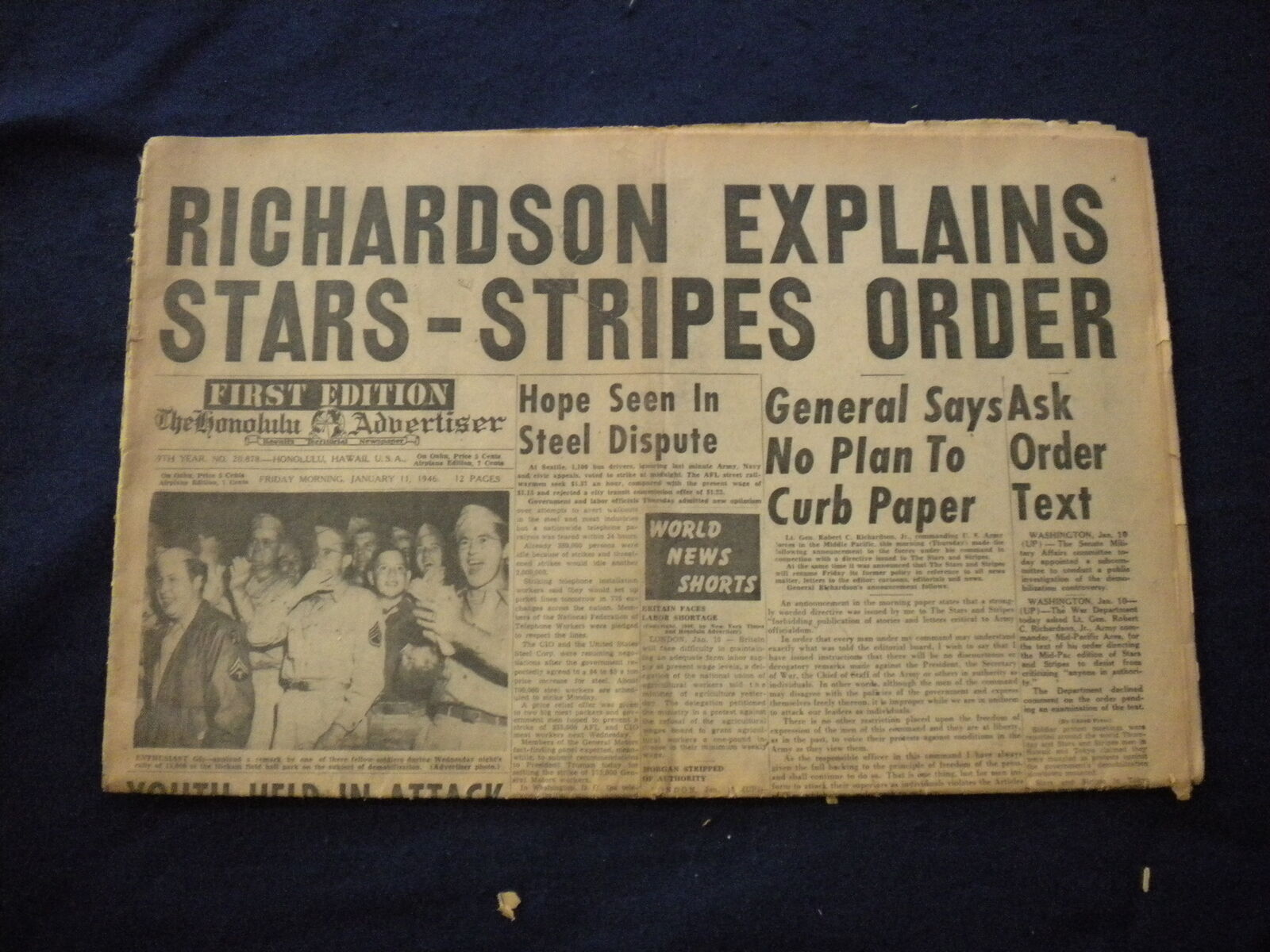 1946 JAN 11 THE HONOLULU ADVERTISER NEWSPAPER- RICHARDSON STARS-STRIPES- NP 6027
