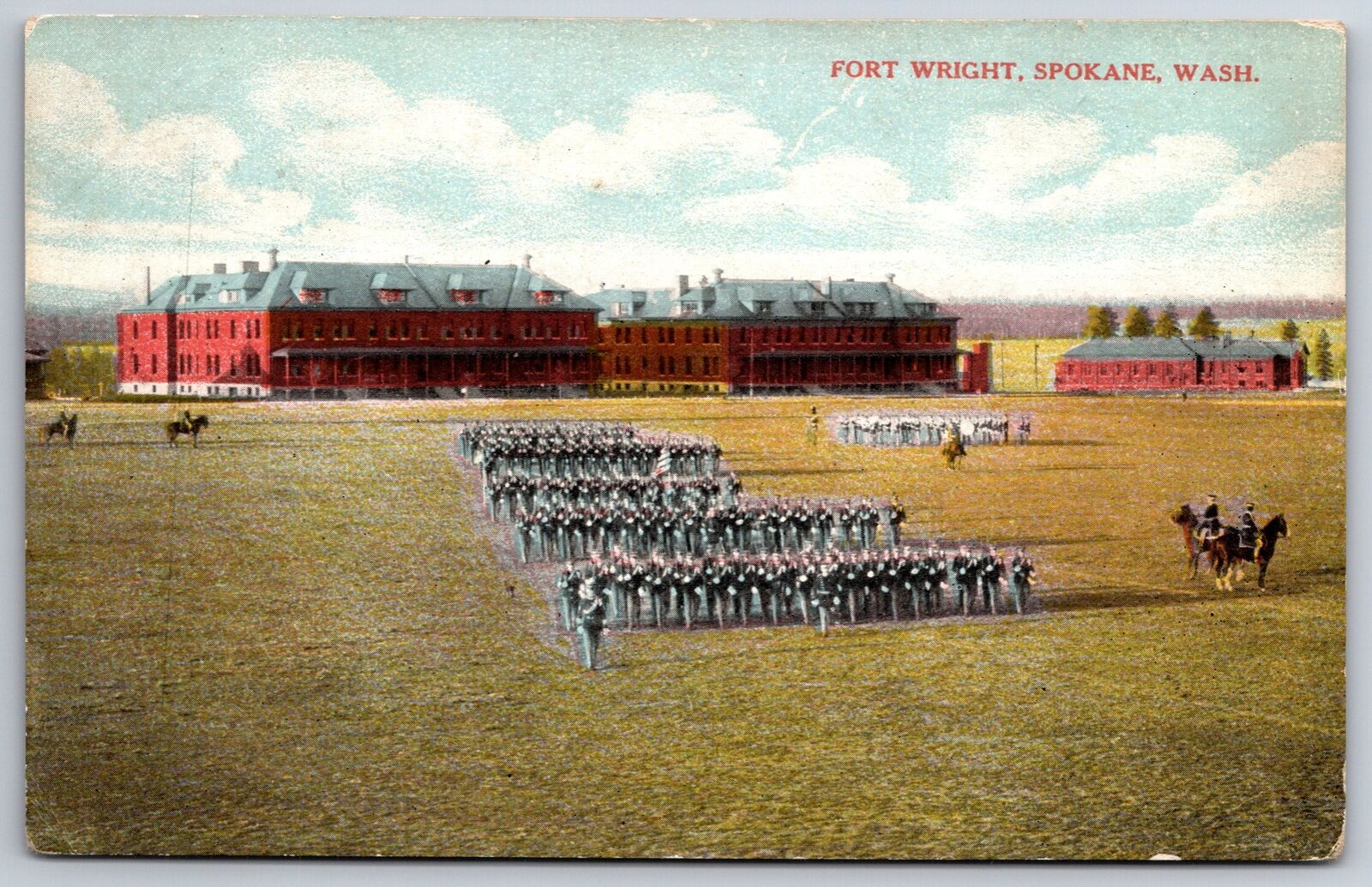 Military~Spokane Washington~Fort Wright Marching Scene W/ Cavalry~Vintage PC