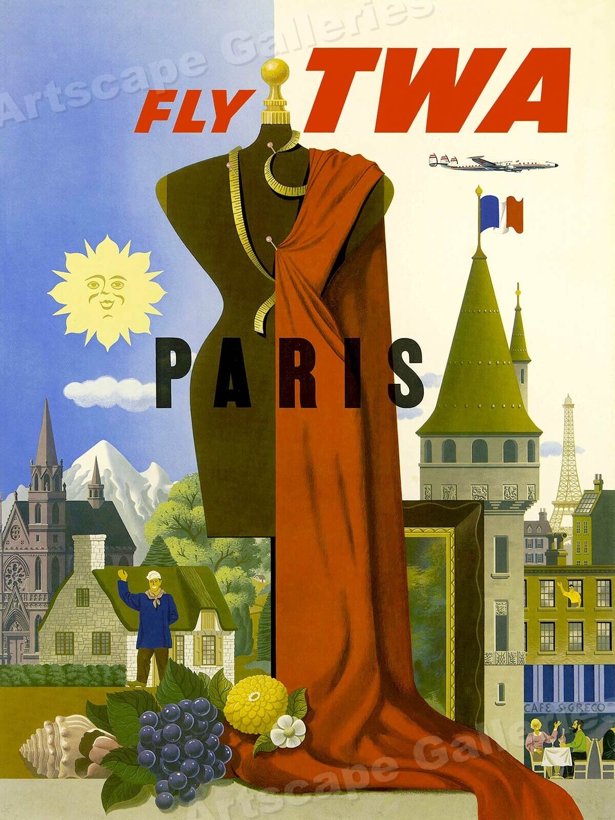 Fly to Paris on TWA 1950s Vintage Style Travel Poster - 18x24