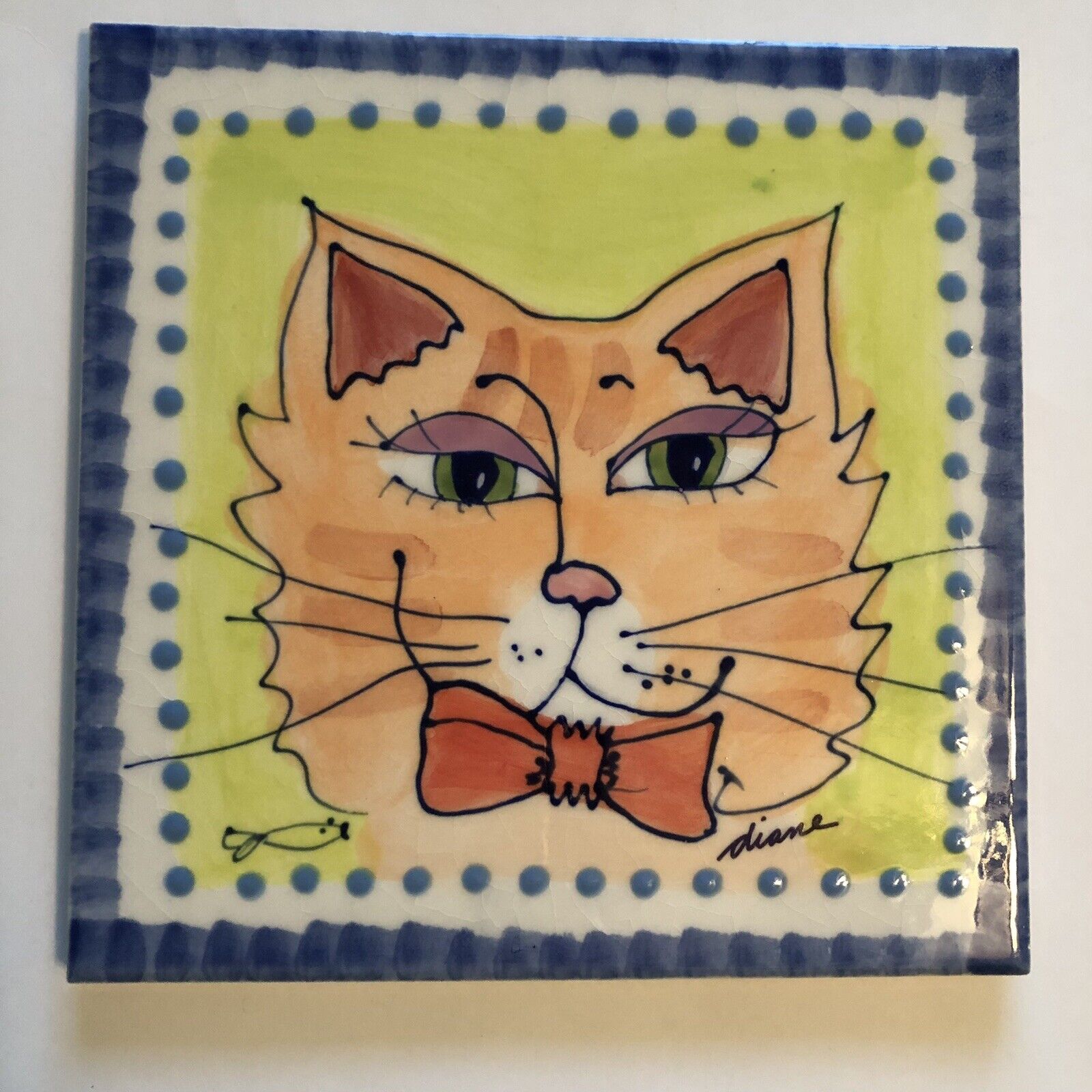 2001 Diane Artware “BOW TIE” Cat 6x6x3/8” Character Collectible FUN Trivet Tile