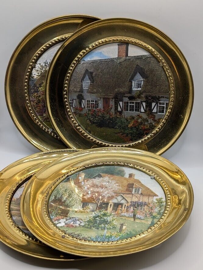Vintage Set of 4 Brass Frames with Foil Pictures 7.5 in Dia. - Made in England