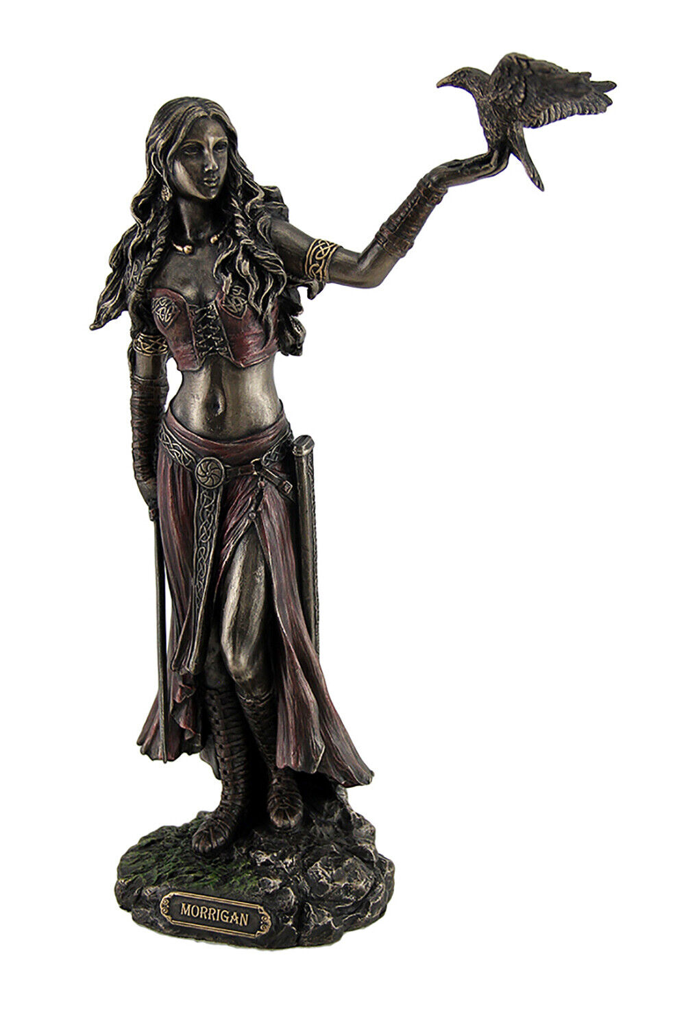 Morrigan Celtic Goddess of Battle Holding Crow and Sword Bronze Finish Statue