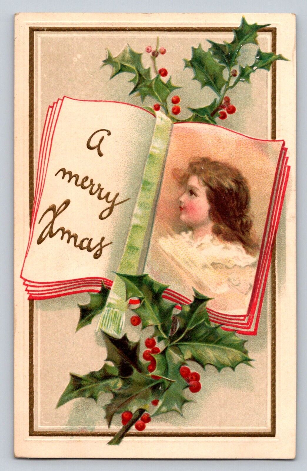 c1910 Girl Portrait In Book Ribbon Holly Germany Merry  Christmas P774
