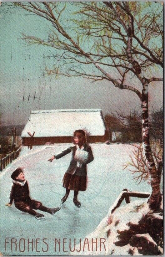 Vintage 1911 HAPPY NEW YEAR Greetings Postcard Frozen Pond / Ice Skating Scene