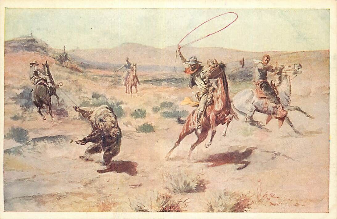 Charles Russell ? Postcard Cowboys on Horses - Robing a Grizzly
