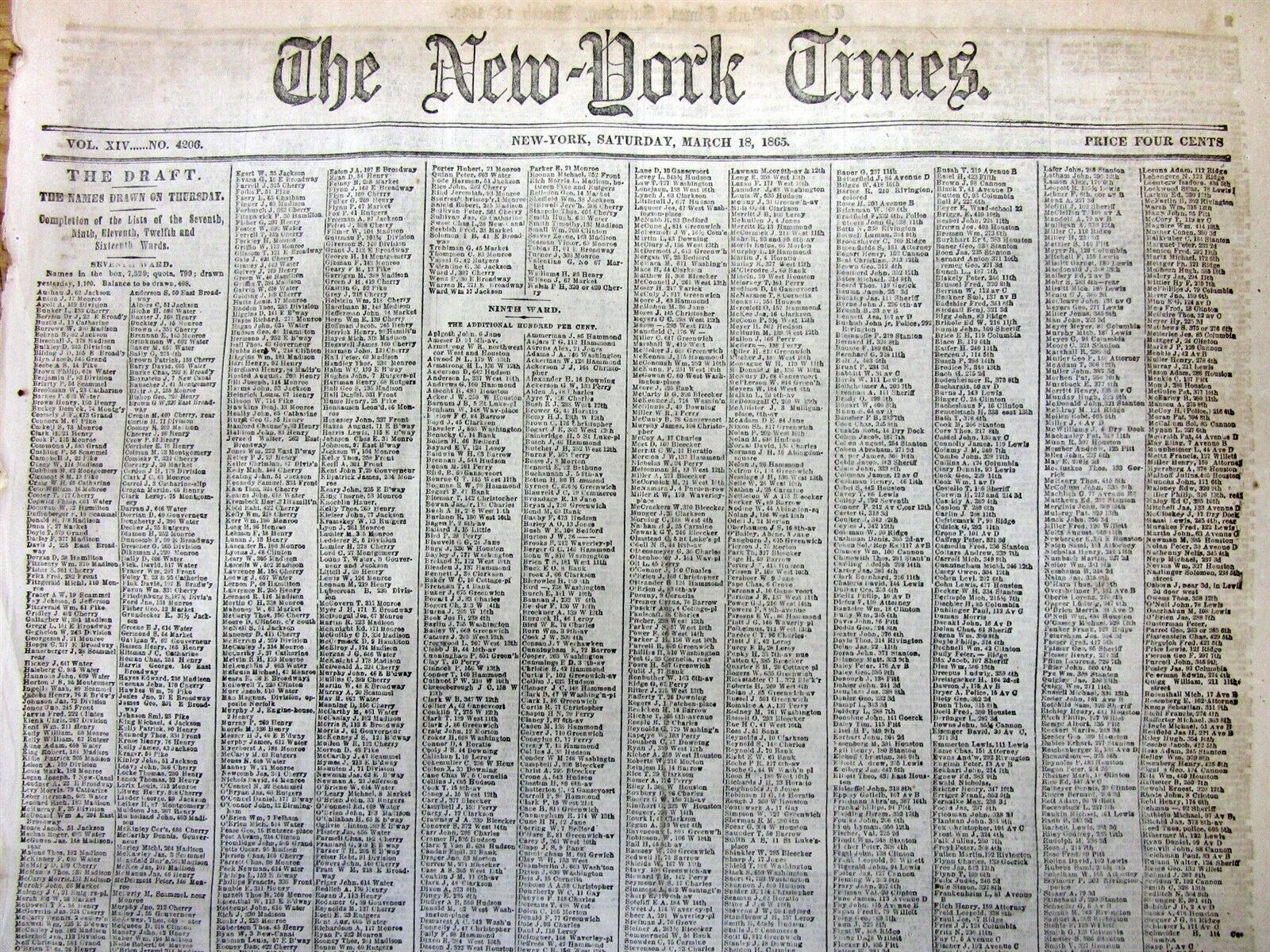 1865 NY Times newspaper w very long list New York Men drafted for the CIVIL WAR