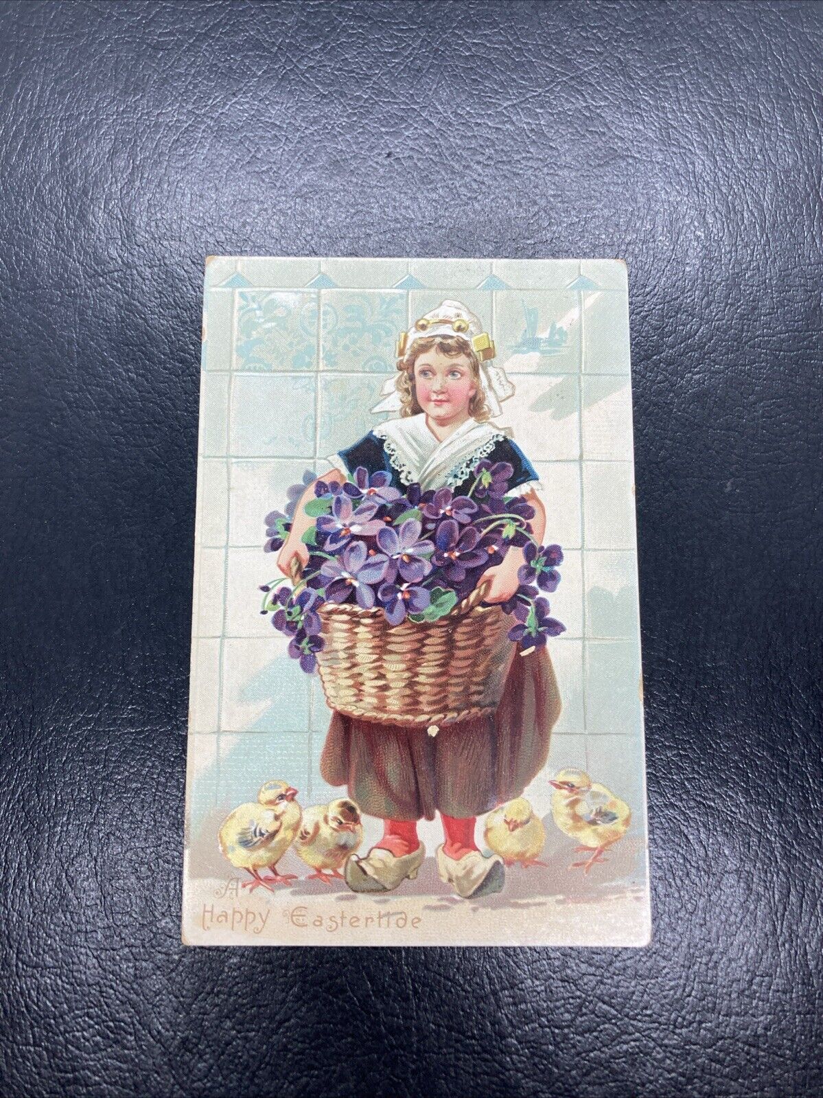 Postcard Raphael Tuck Easter Dutch Girl Chicks Basket Flowers Antique 1909