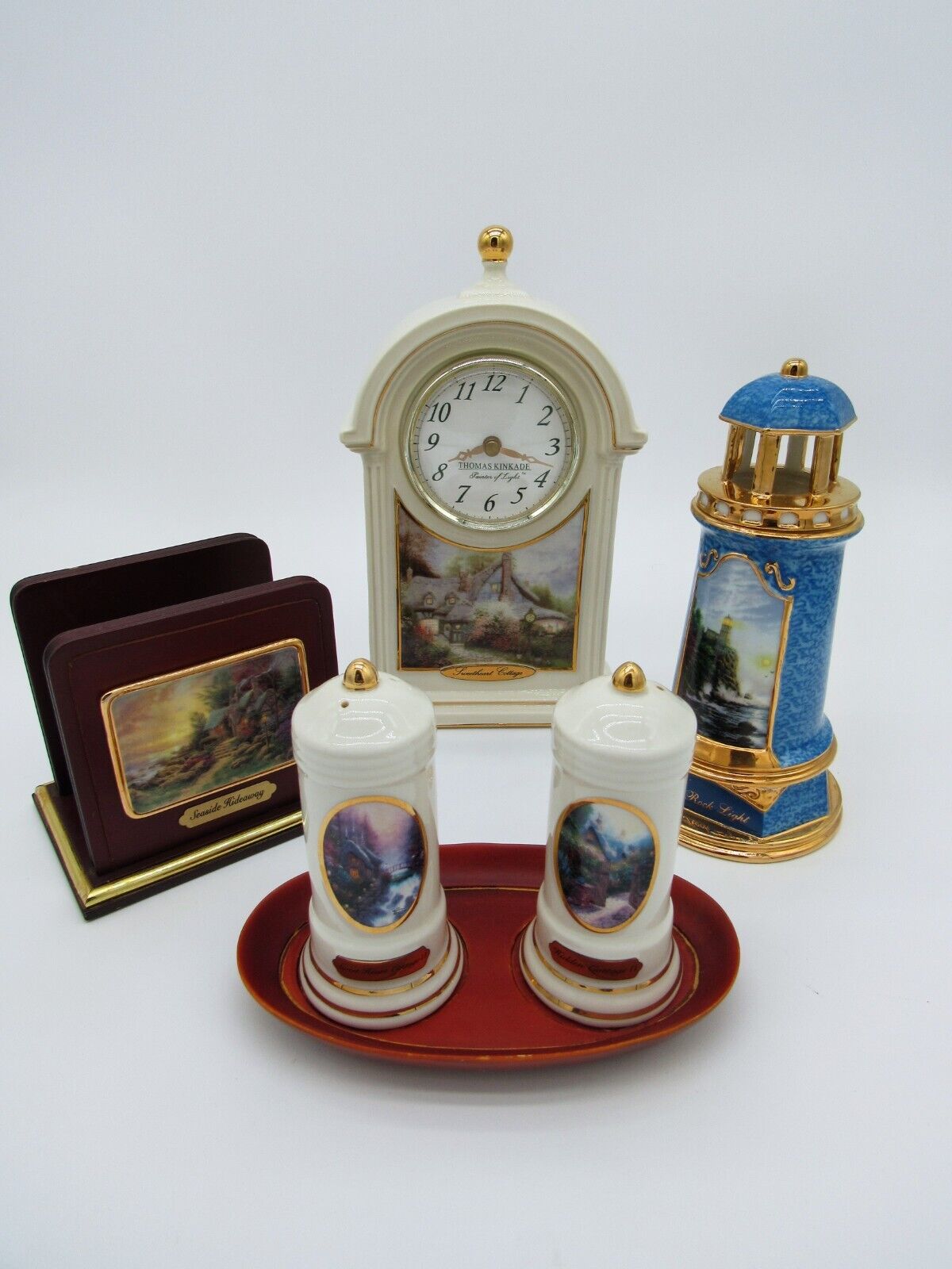 LOT of 4 Thomas Kinkade Decorations: Clock, Shakers, Napkin Holder, Lighthouse