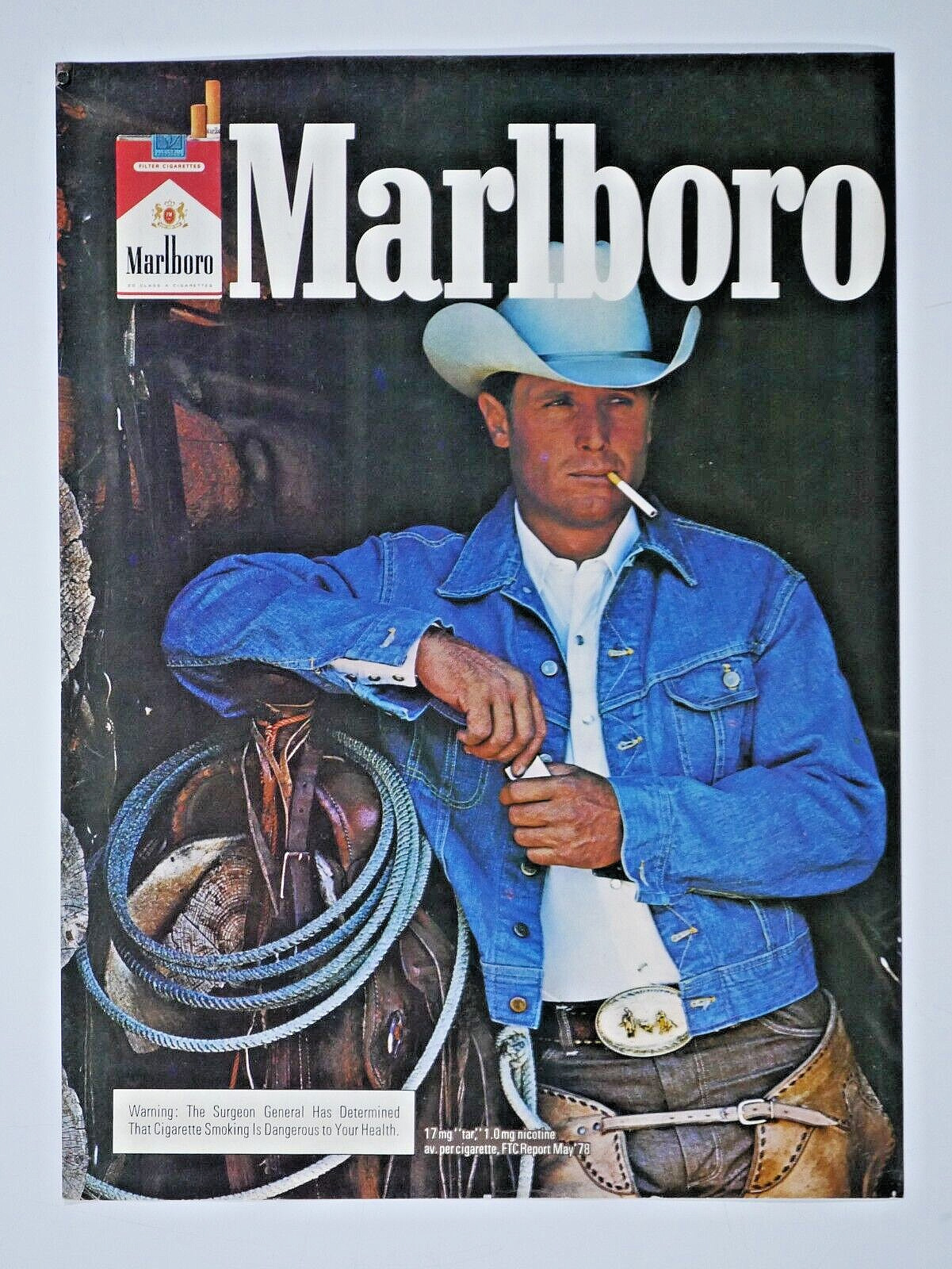 Marlboro Cowboy Denim Jacket Vintage 1978 Original Print Ad