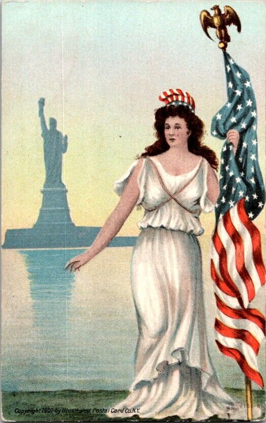 Postcard Patriotic Lady Liberty Flag New York City NY c.1907-1915          K-590