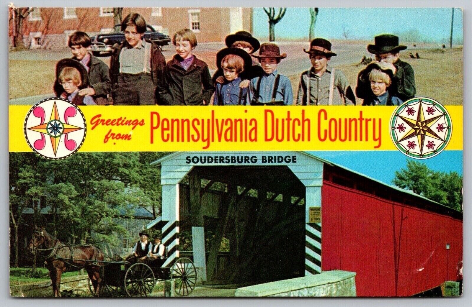 Greetings Pennsylvania Dutch Country Soudersburg Bridge Horse Buggy VNG Postcard