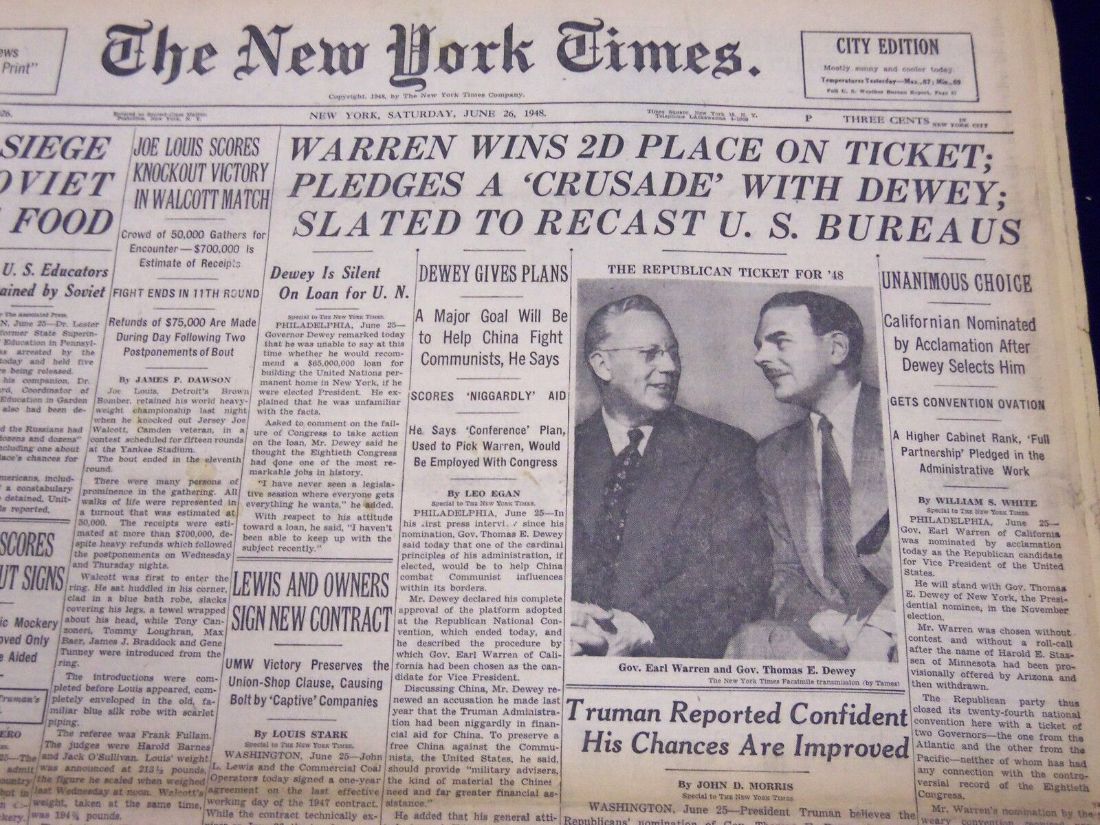 1948 JUNE 26 NEW YORK TIMES - WARREN WINS 2D PLACE - NT 134