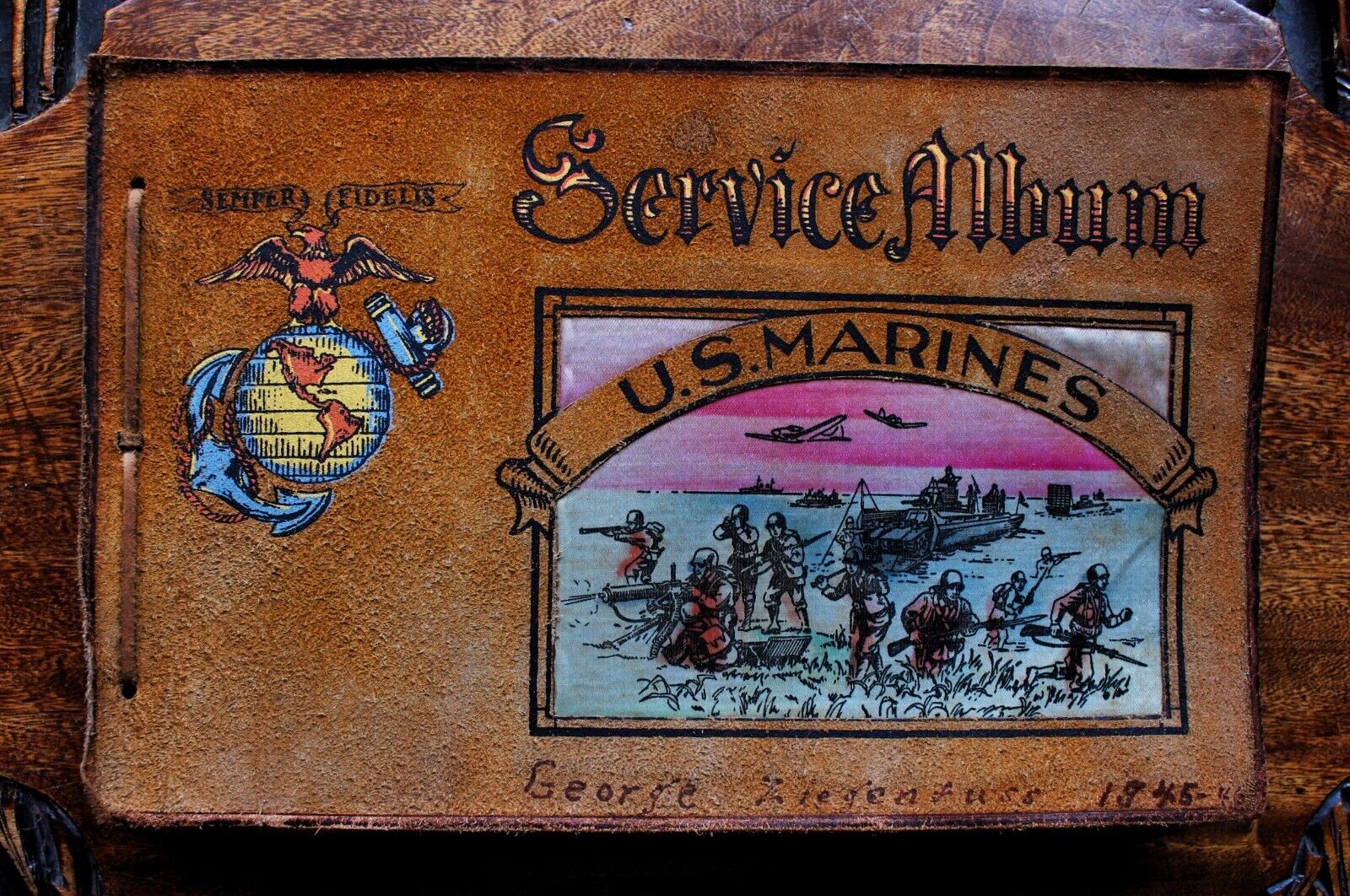 Leather Bound & Silk Decorated USMC Service Photo Album for Named Marine 1945-46