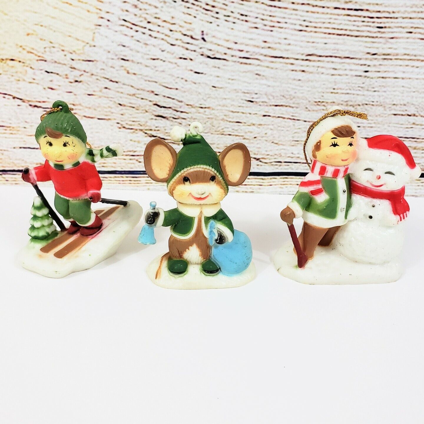 Vintage Set of 3 Resin Christmas Santa Mouse Snowman Tree Ornament Boy Bronson