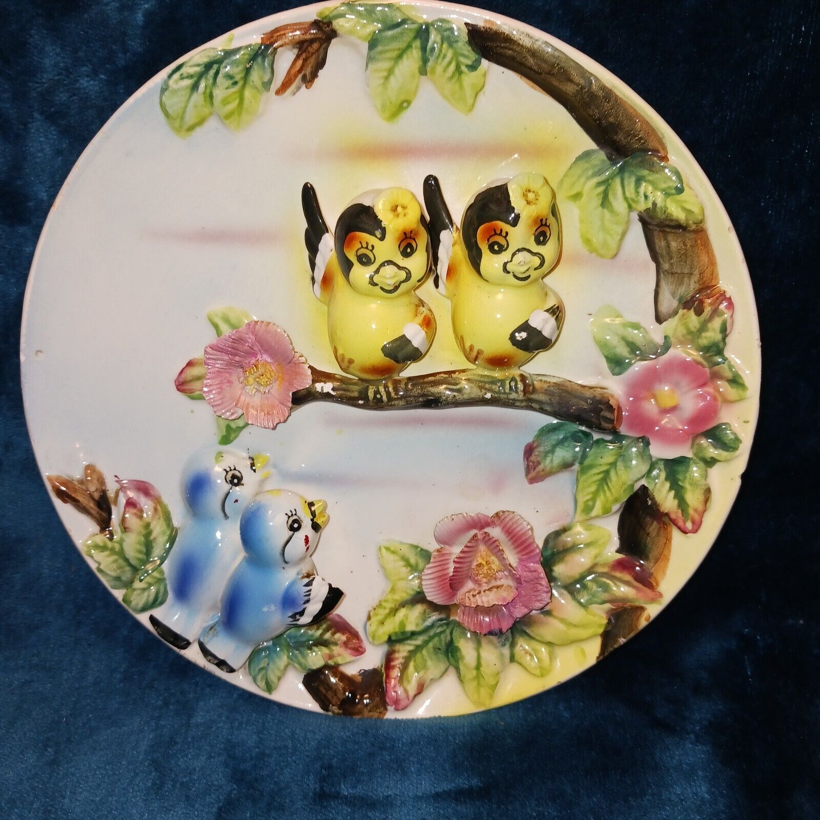 Vintage Anthropomorphic Bluebird Birds 3-D Plate Tilso Japan Flowers