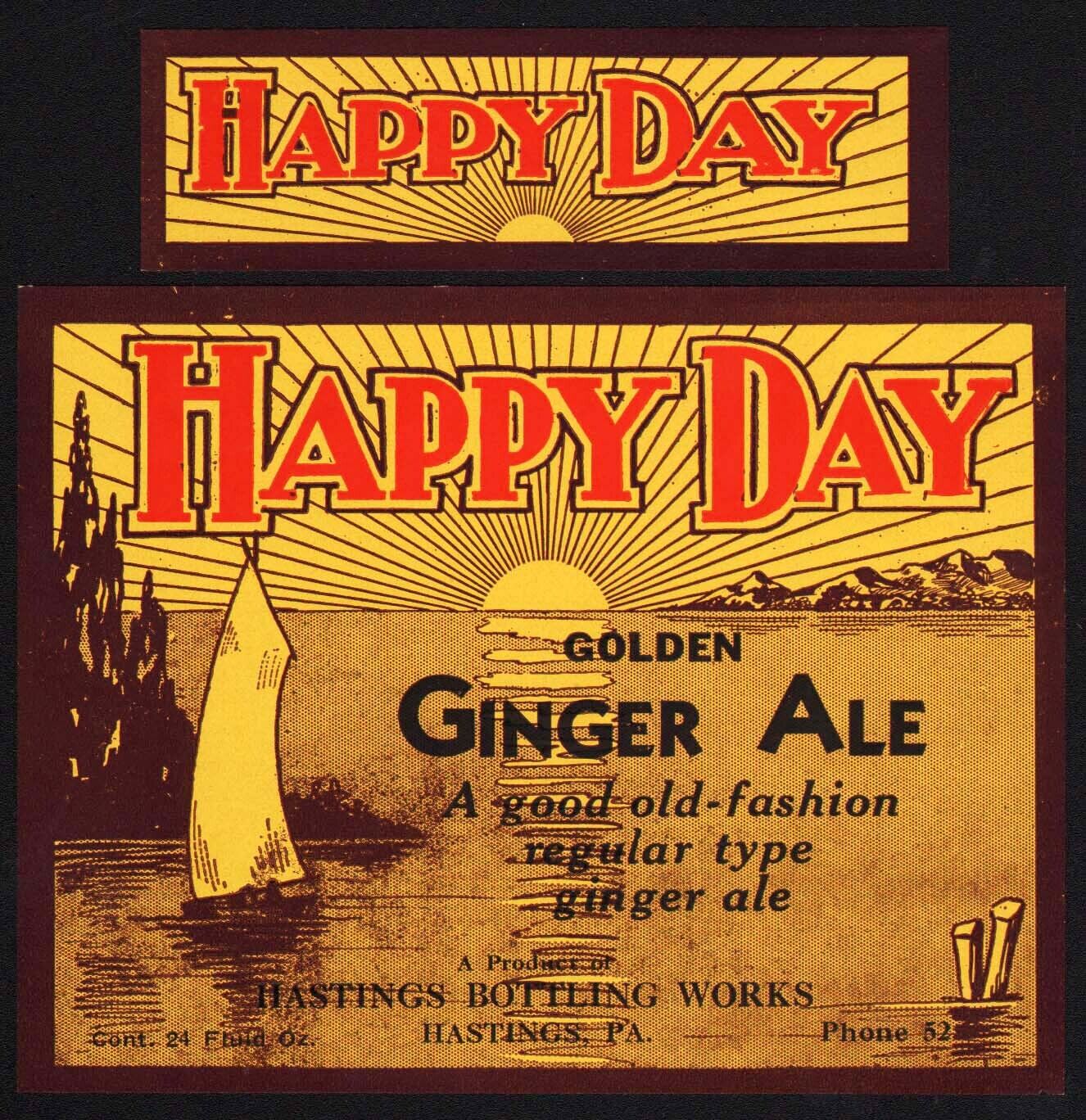 Vintage soda pop bottle label HAPPY DAY GINGER ALE Hastings PA unused n-mint