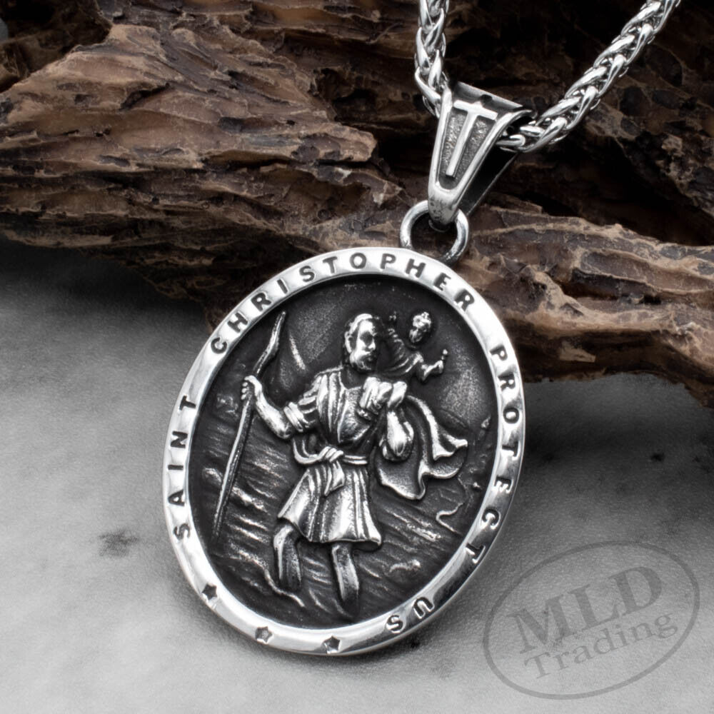 Holy Cross Saint St Christopher Medal Silver Stainless Steel Pendant Necklace