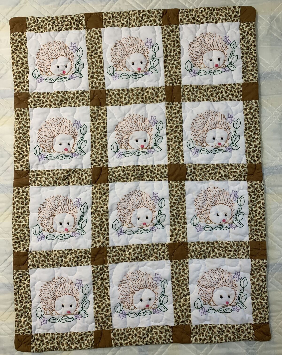 Handmade Embroidered Quilt Hedgehogs 30x40 Machine Quilted Baby/Child Decor