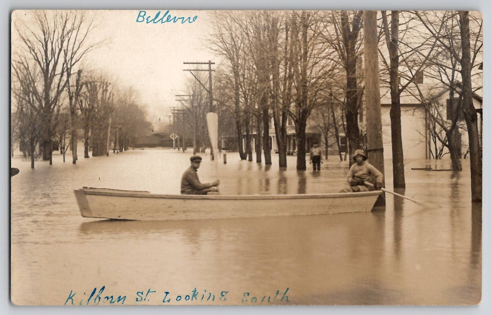 Bellevue Ohio 1913 Flood Men in Boat Kilborn Street St OH RPPC Photo Postcard