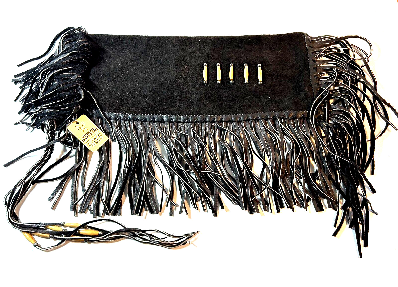Vintage Native American Black Leather Peace Pipe Bag